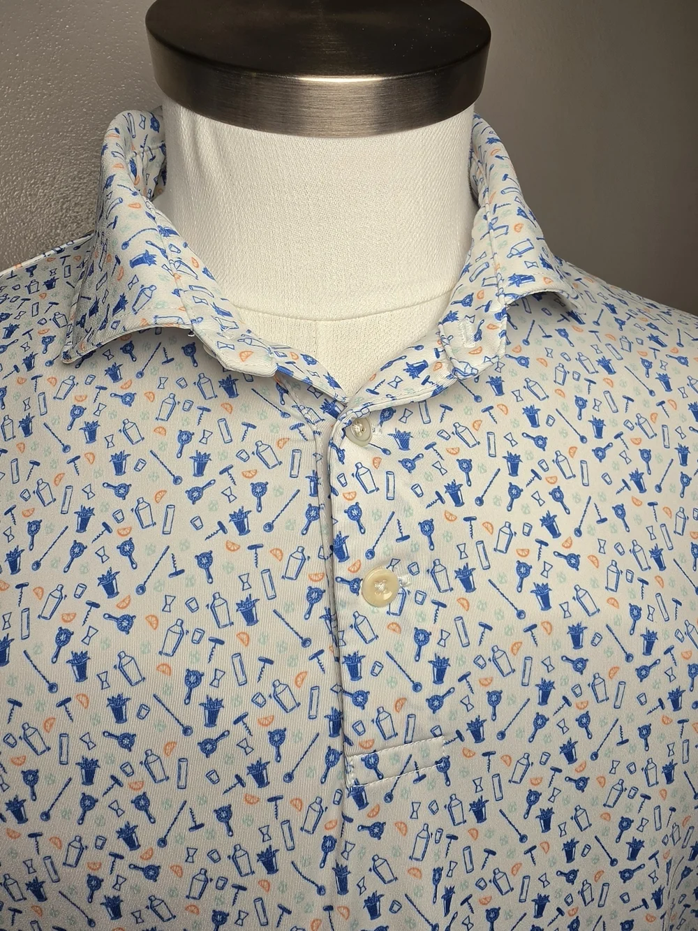 RLX Ralph Lauren White Polo with Blue & Orange Mini Print